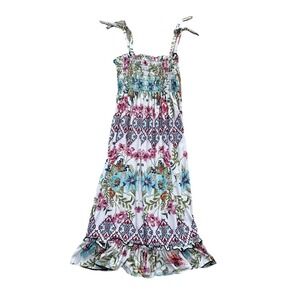 Lildy Sundress Junior Size 7-10 White Floral Smocked Tie Strap Ruffle Midi Dress